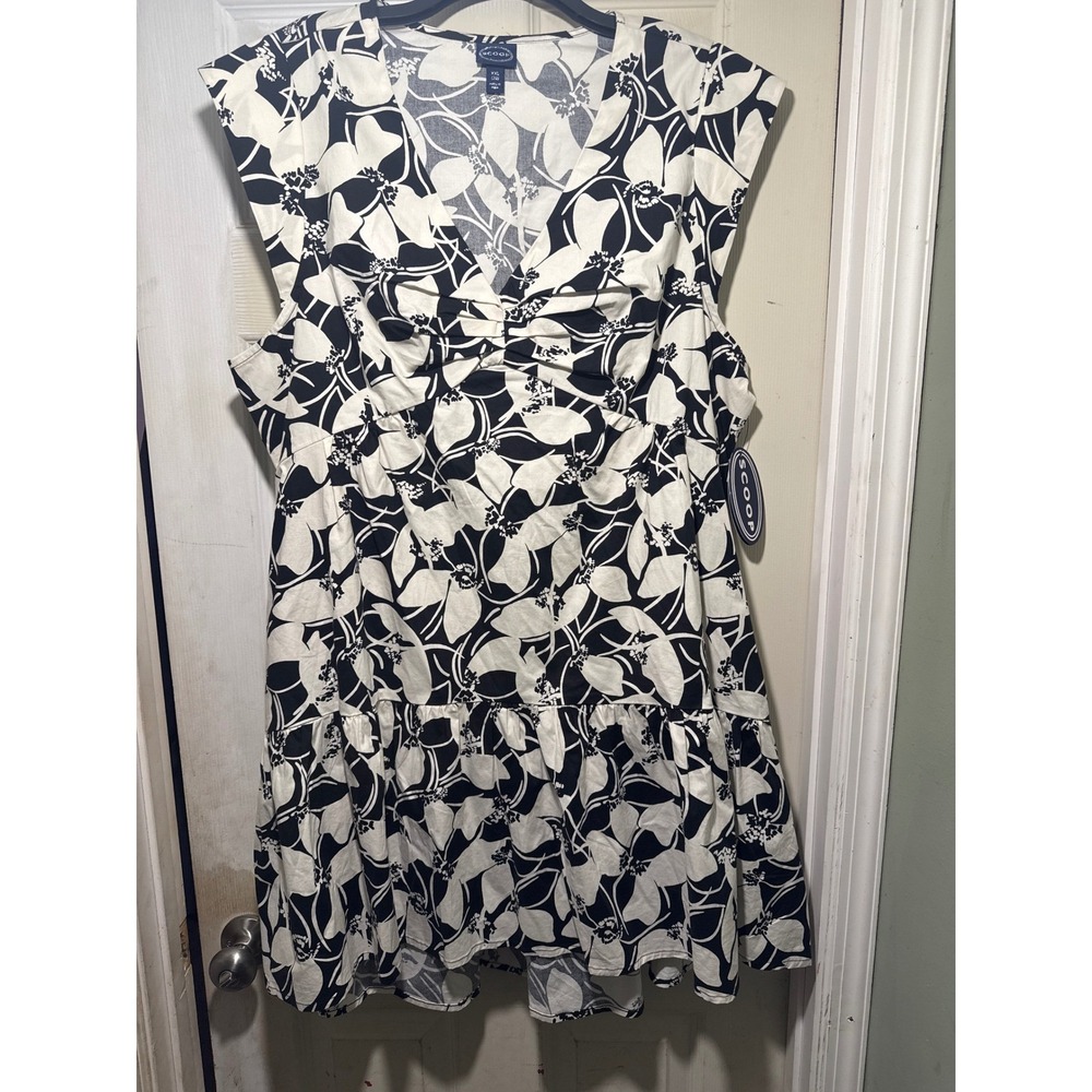 SCOOP Black White Floral V Neck Cap‎ Sleeve Tiered Mini Dress Plus Size XXL 20